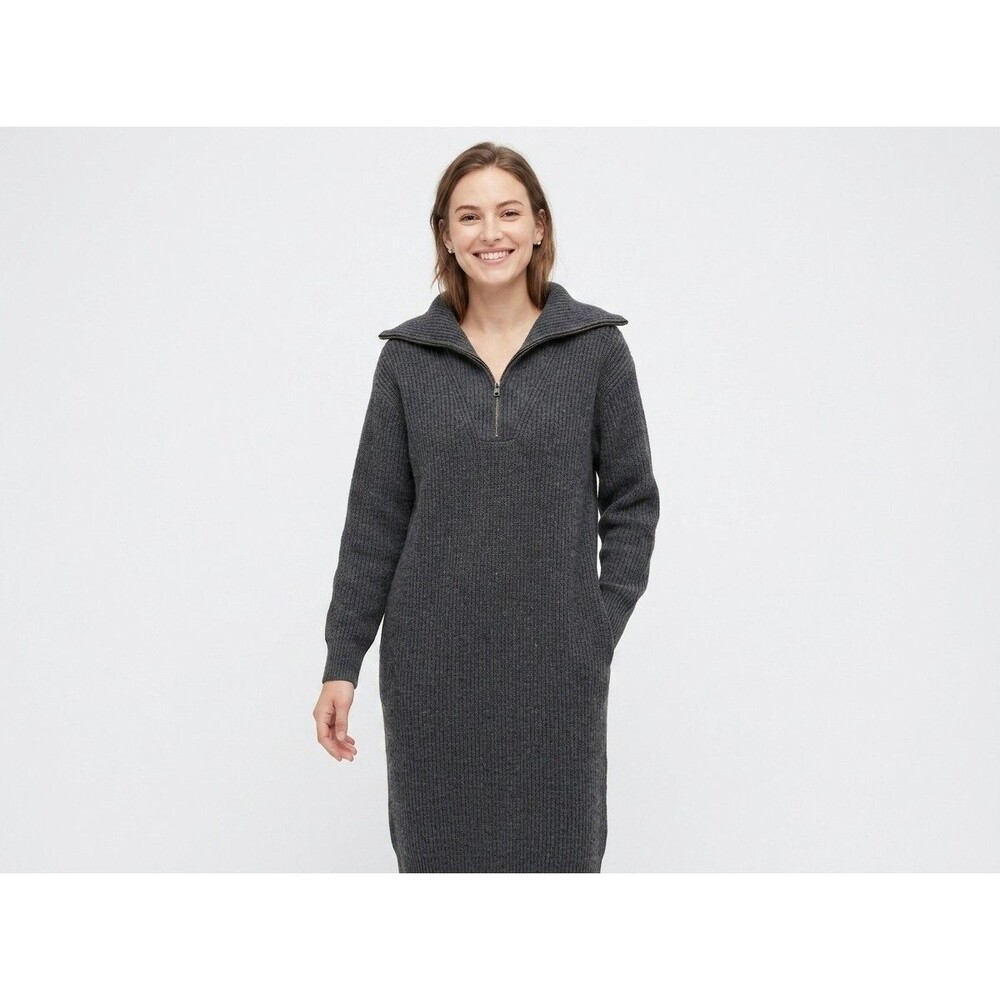 Uniqlo Souffle Yarn Half Zip Dress Womens XS Dark Gray Ribbed Knit Sweater EUC